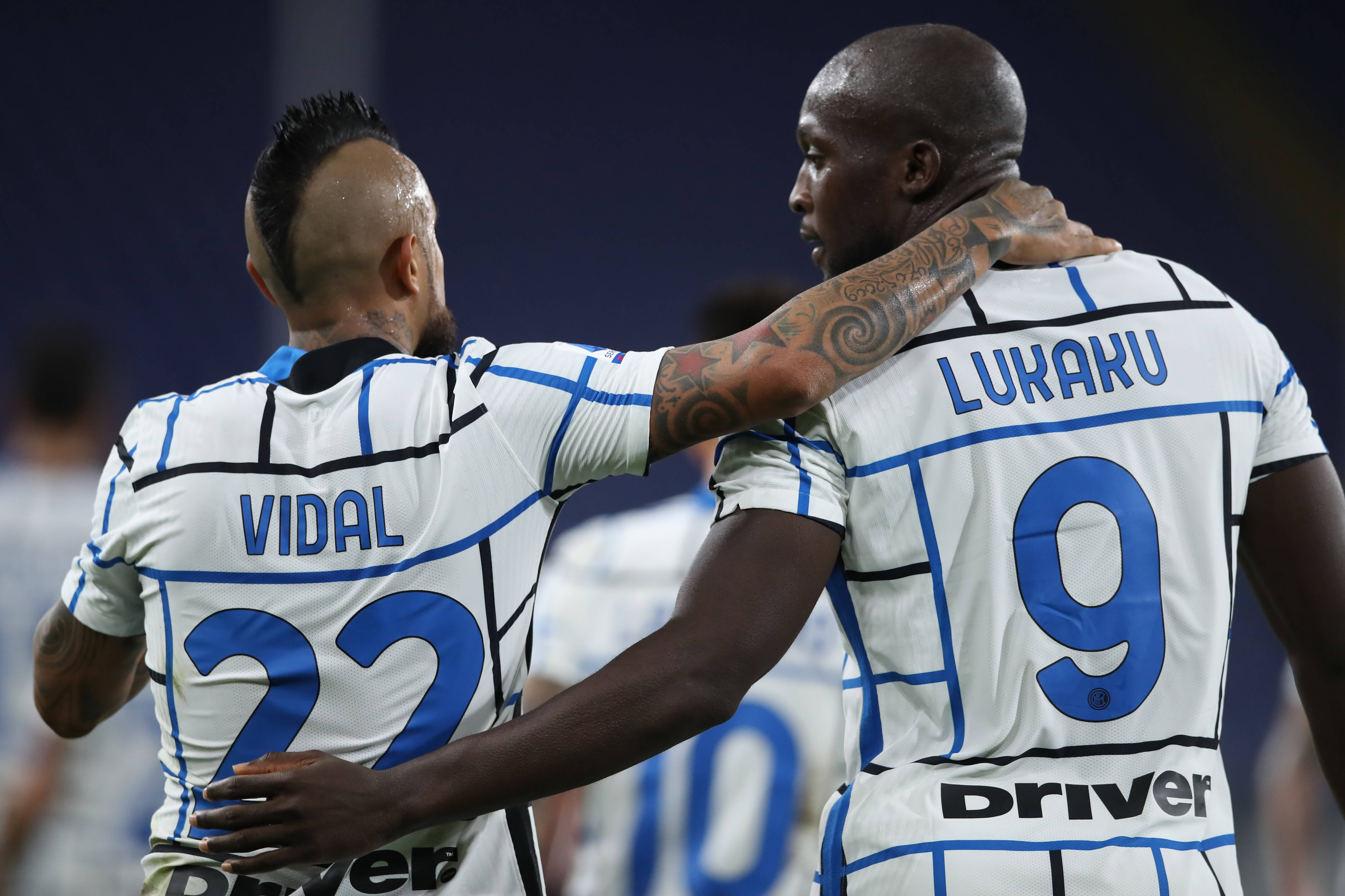 Romelu Lukaku Of Internazionale Celebrates With Arturo Vidal After Scoring To Give The Side A 1 0 Lead During The Serie