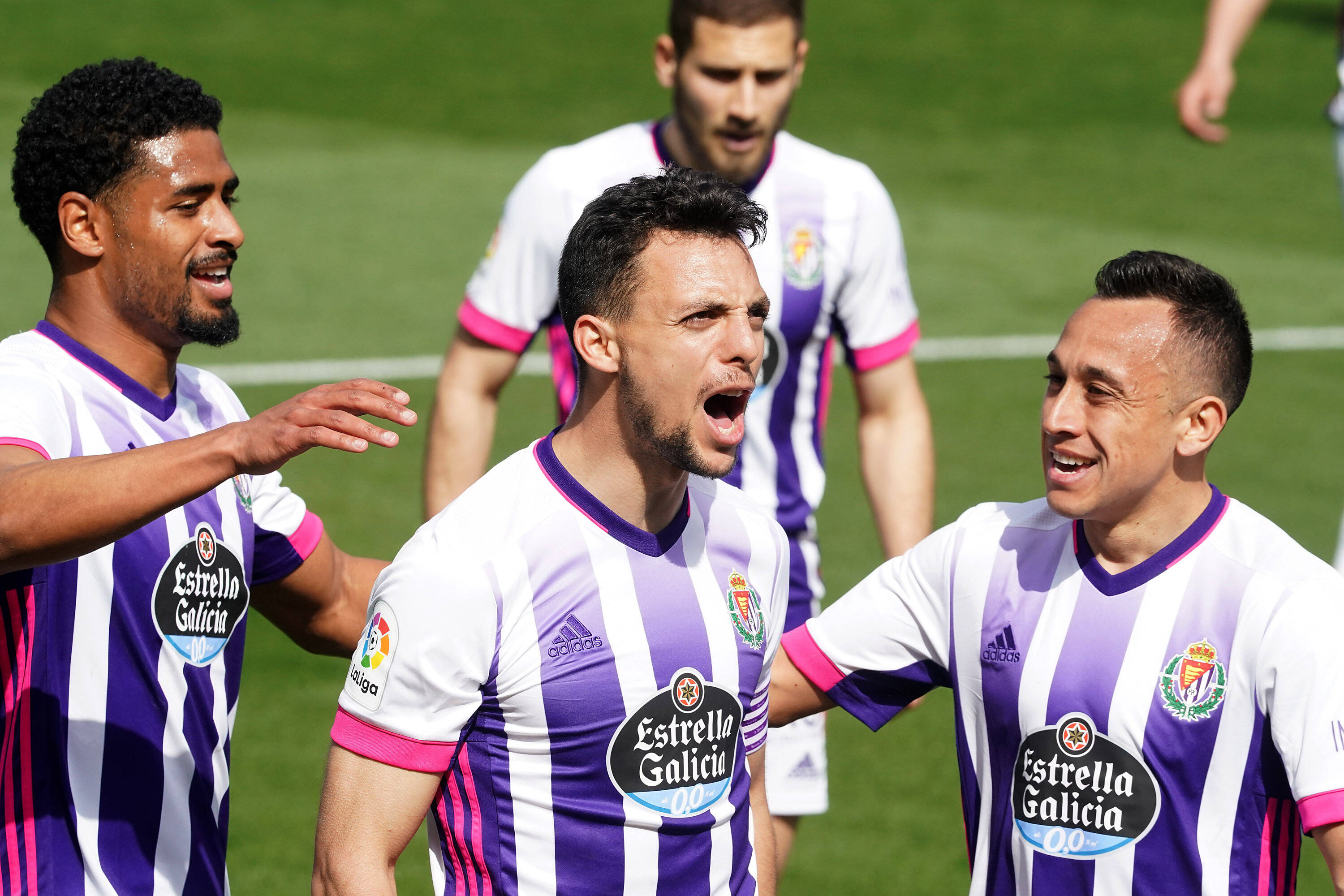 Real Valladolid S Saidy Janko, Oscar Plano And Fabian Orellana Celebrate Goal During La Liga Match. March 6,2021. (20210