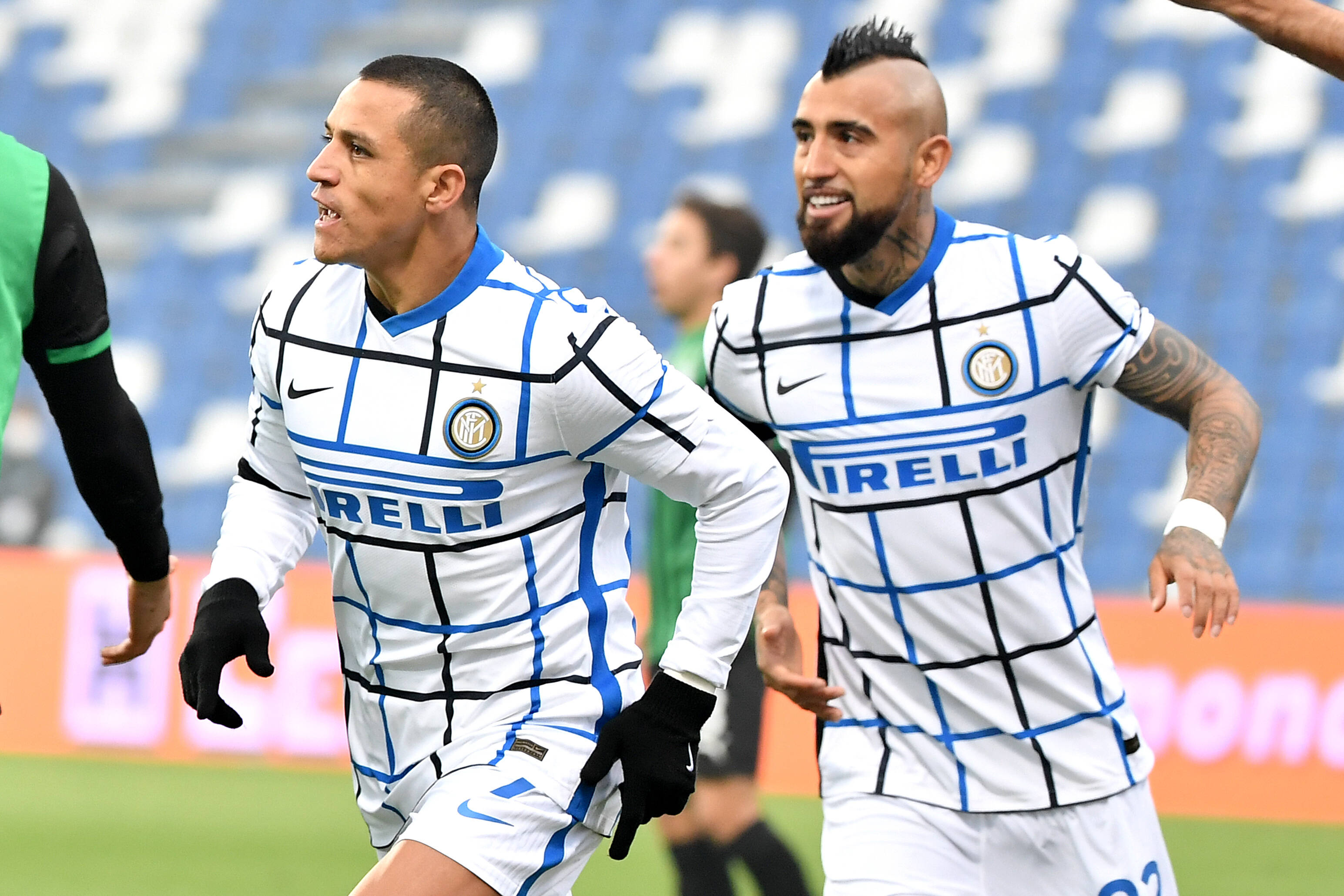 Alexis Sanchez Of Fc Internazionale Celebrates With Arturo Vidal After Scoring The Goal Of 1 0 During The Serie A Footba