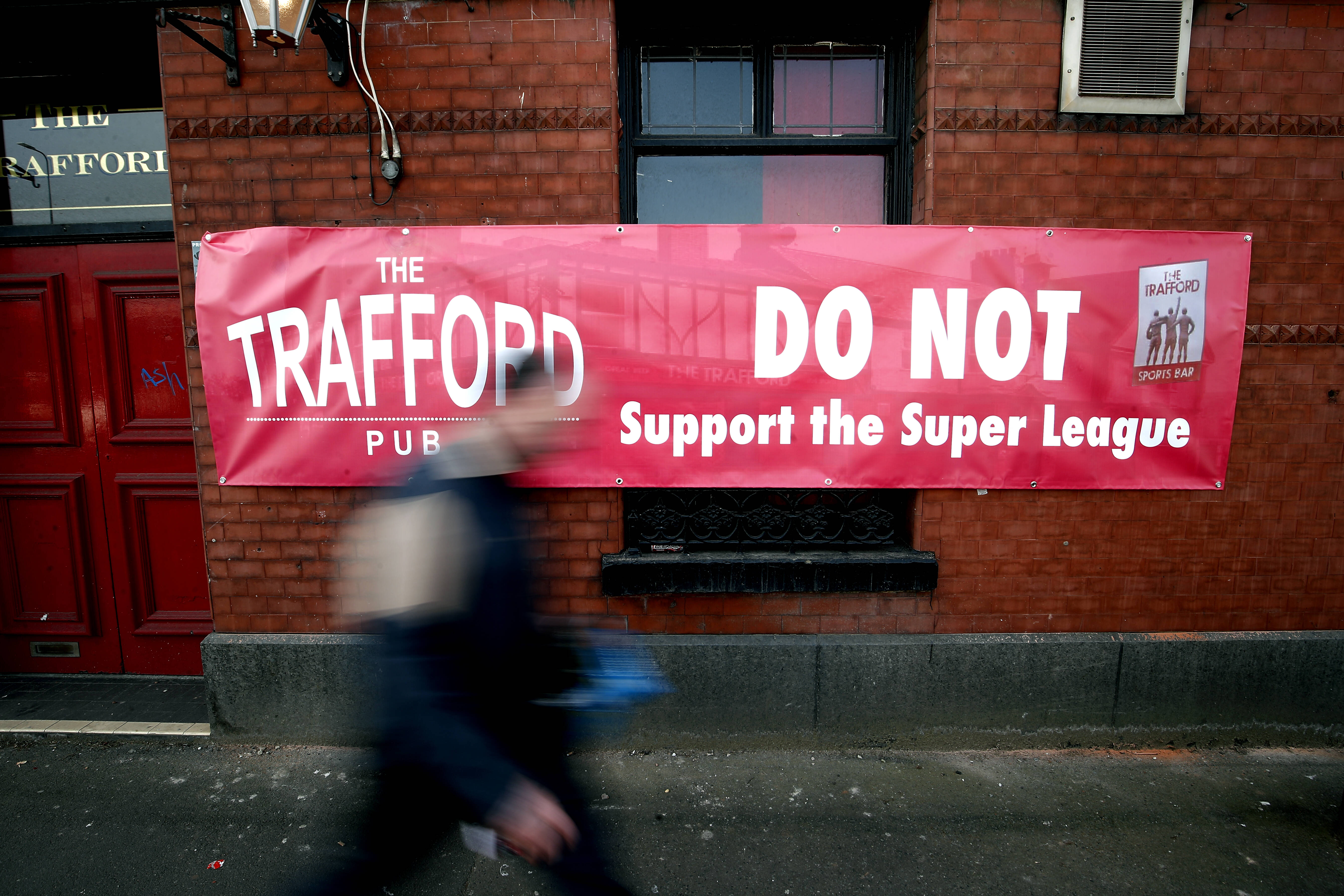 European Super League Reaction A Banner Outside Of The Trafford Pub In Manchester Objecting To The Decision Of Manchest