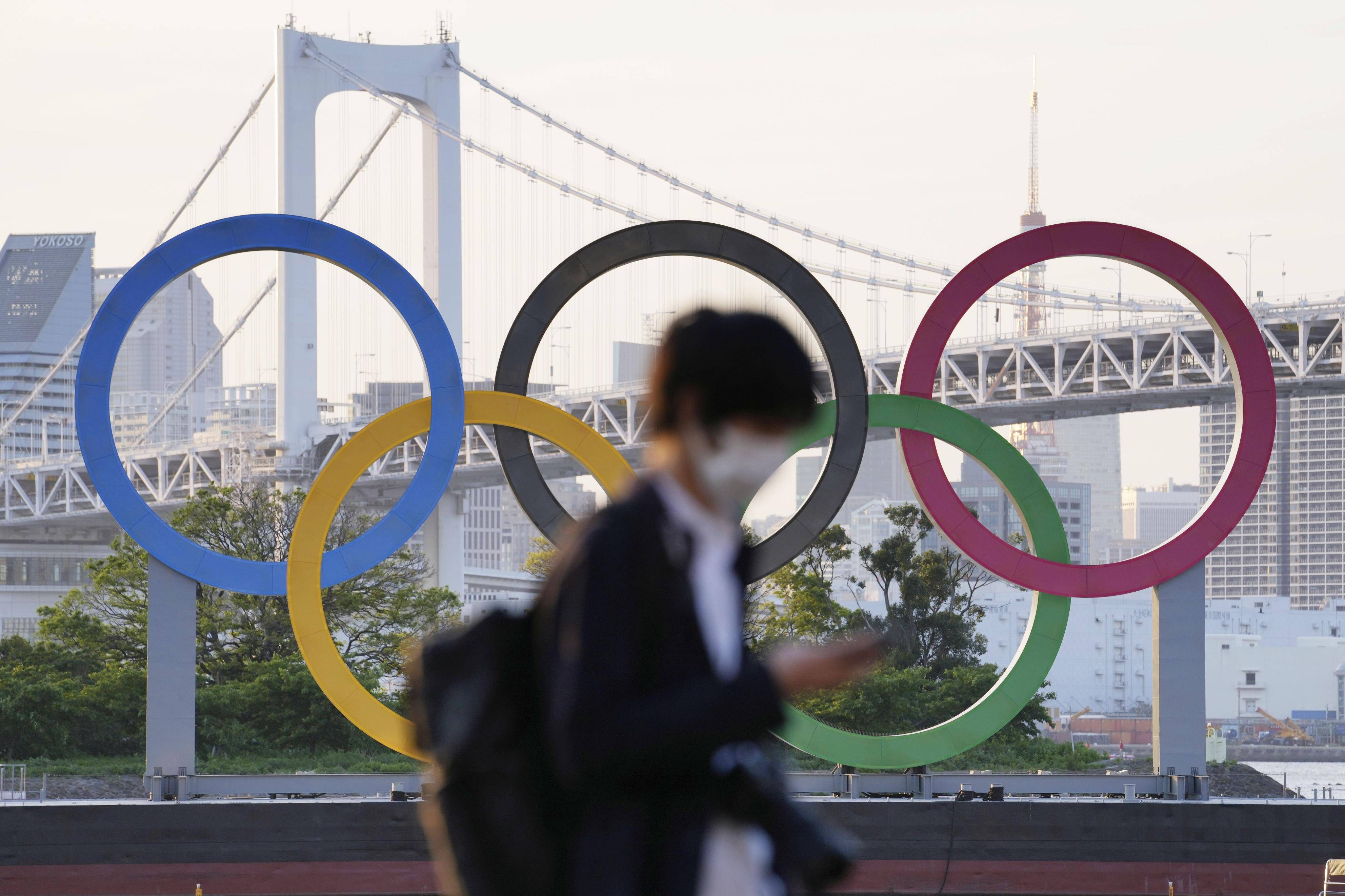 Olympic Rings Monument Photo Shows An Olympic Rings Monument In Tokyo S Odaiba Waterfront Area On April 23, 2021. Japan