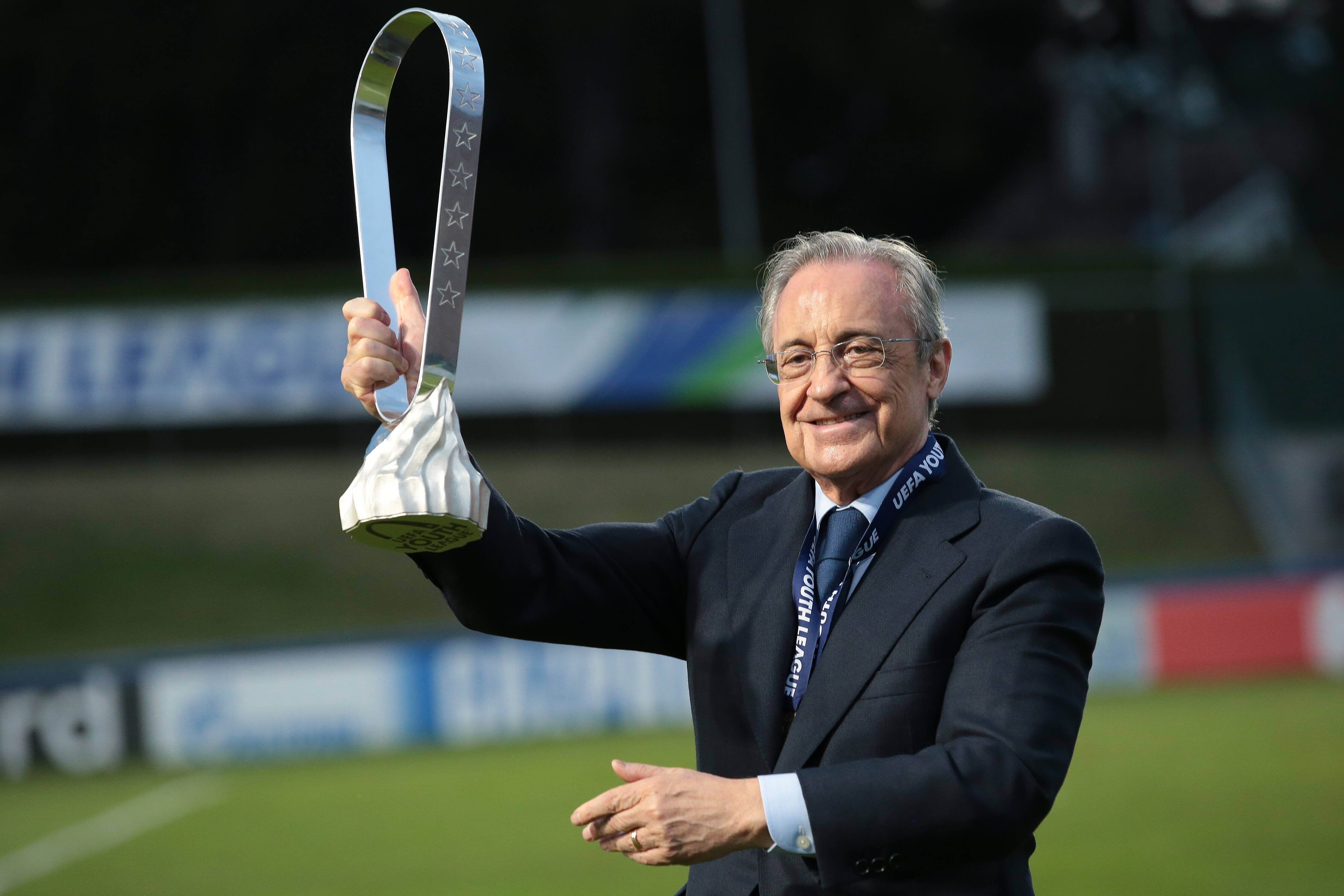 Florentino Perez Pictured With The Trophy Following The Uefa Youth League Match At Colovray Sports Centre, Nyon. Picture