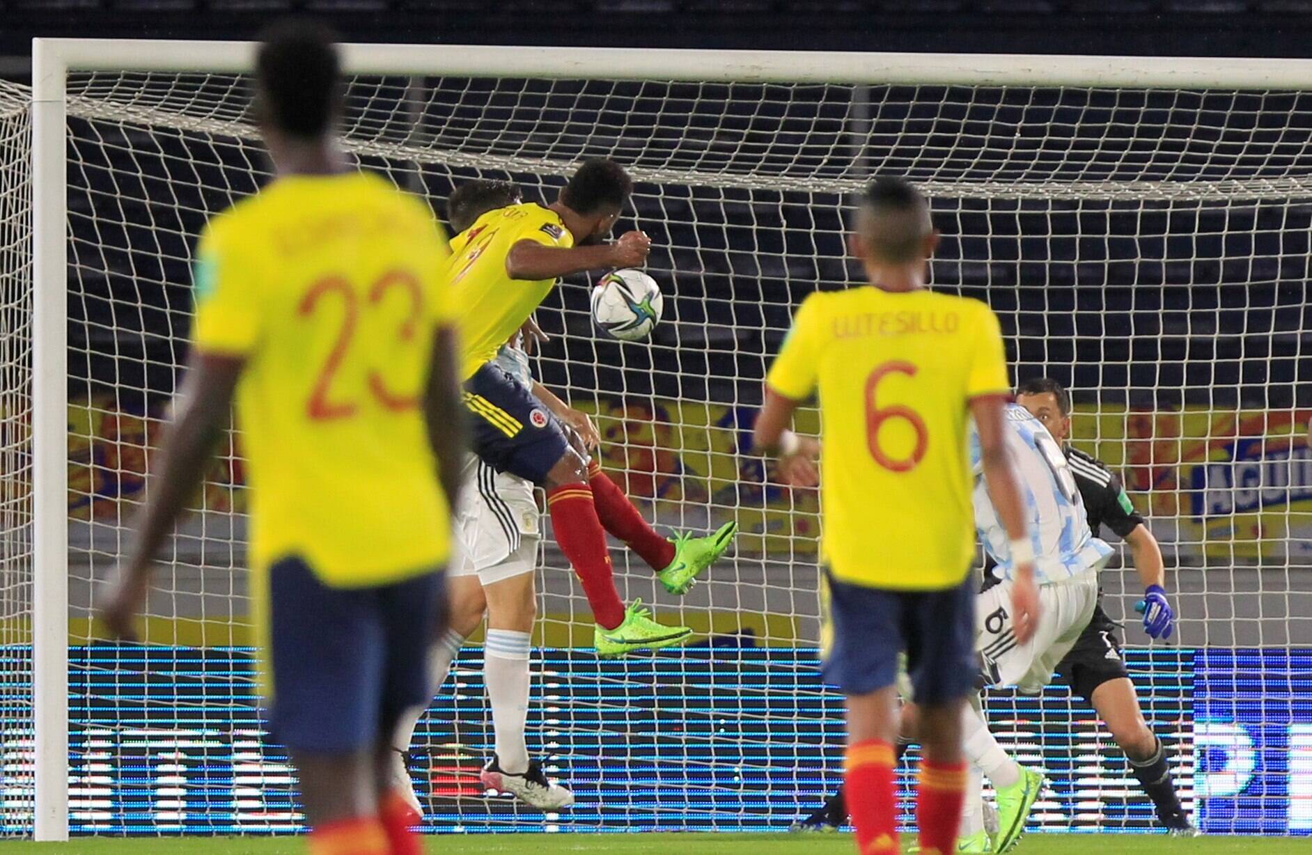 Colombia S Miguel Borja (2 L) Heads The Ball To Score His Goal Against Argentina, During A Match Amid The South American