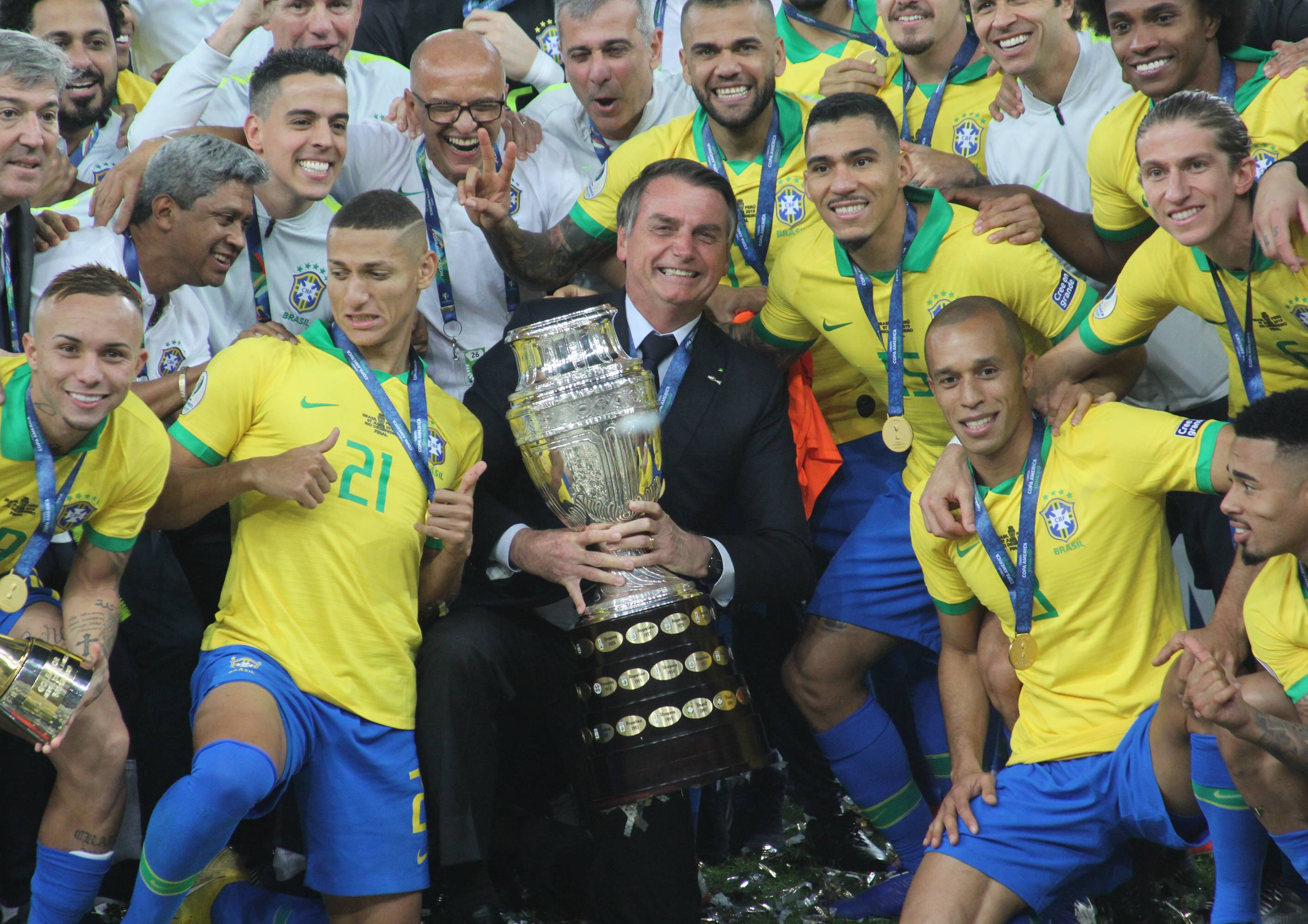 Brazil First Place Trophy Brazilian Players Receive Medals And First Place Trophy After The Match B