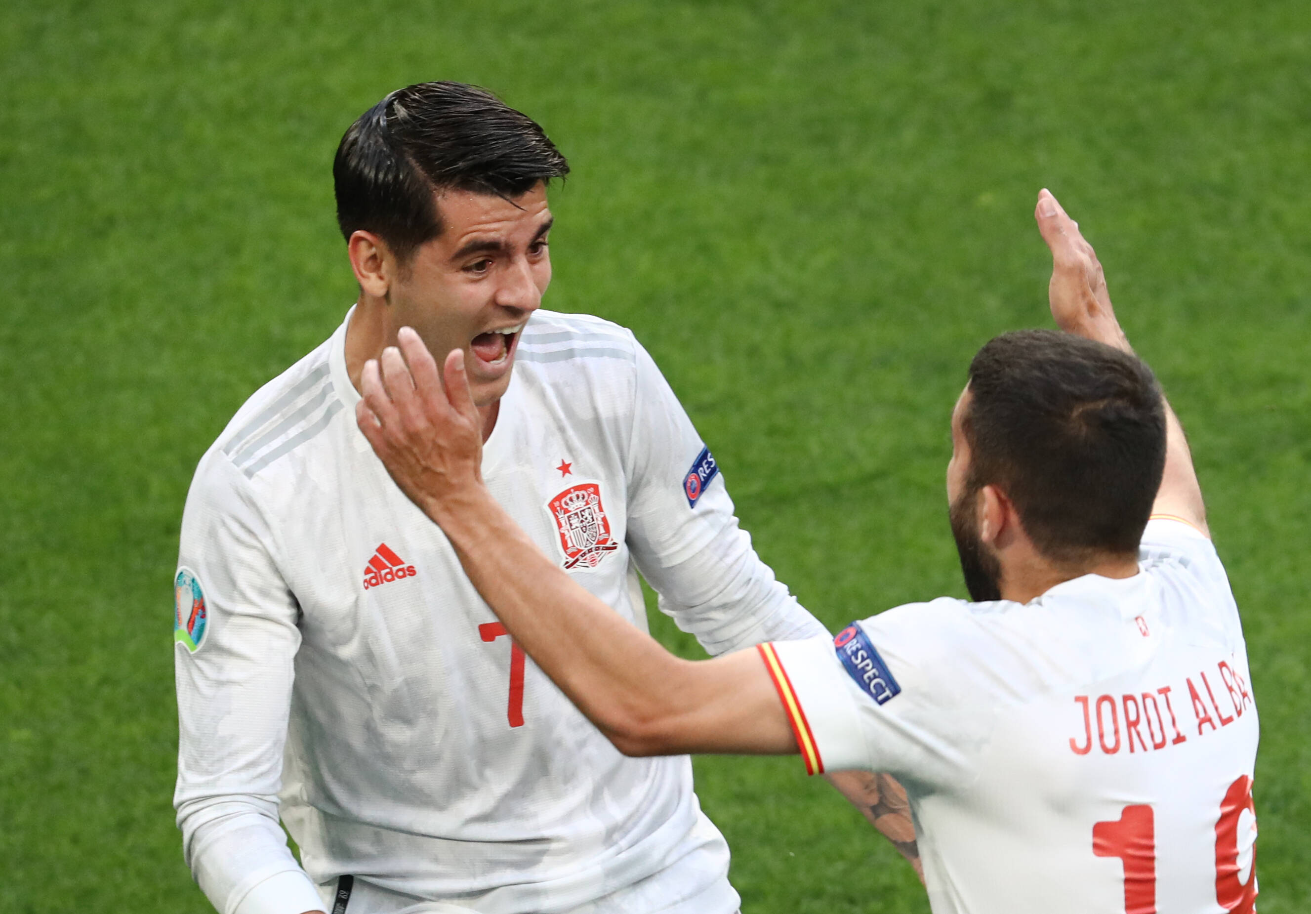 St Petersburg, Russia July 2, 2021: Spain S Alvaro Morata (l) And Jordi Alba Celebrate A Goal In A Uefa Euro, Em, Eur