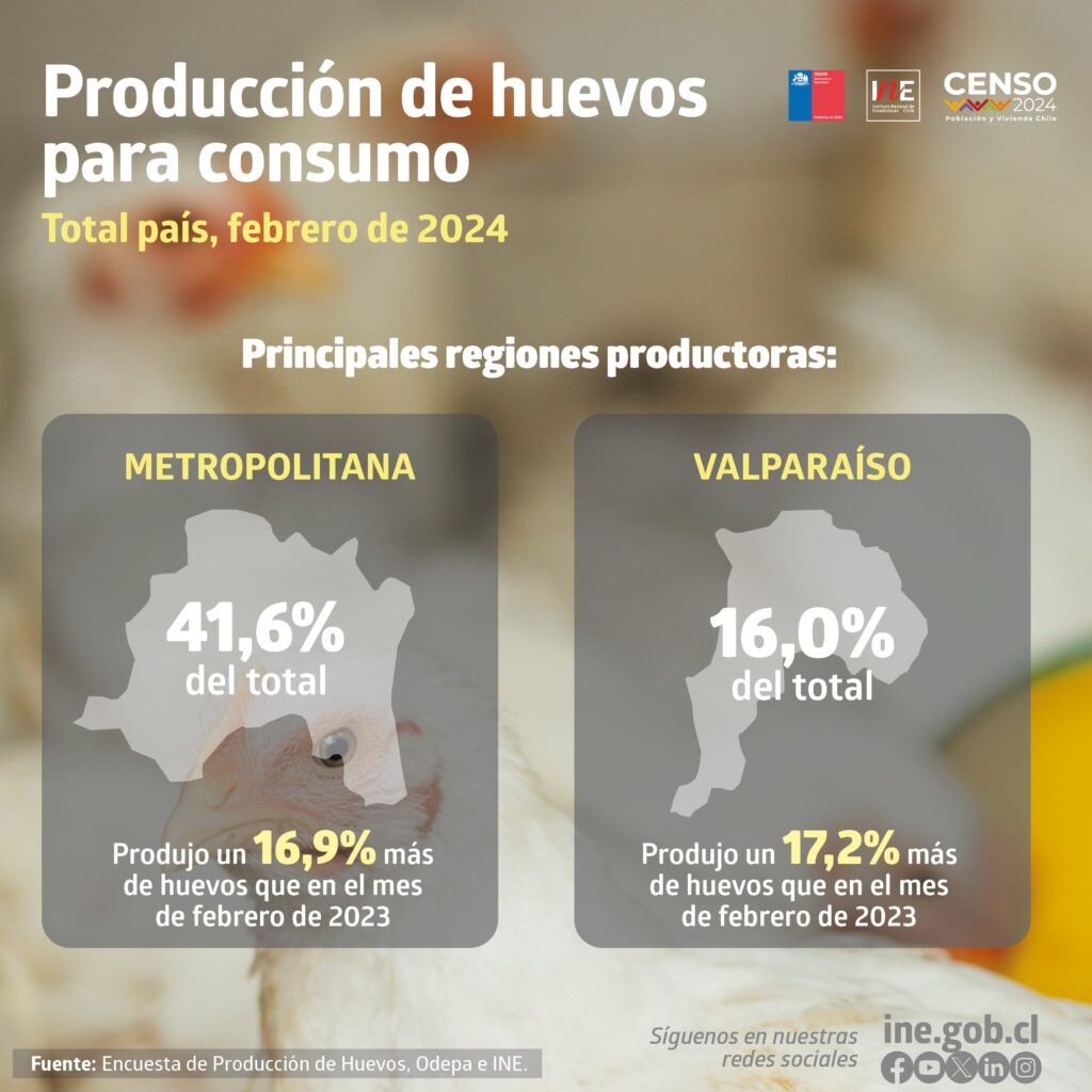 La producción de huevos para el consumo presentó un crecimiento interanual de 9,1% en febrero de 2024, según informó este jueves el Instituto Nacional de Estadísticas (INE). 