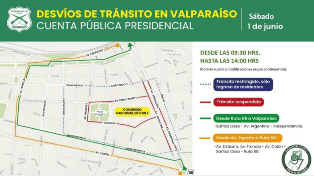 Desvíos y cortes de tránsito en Valparaíso por Cuenta Pública del Presidente Boric.