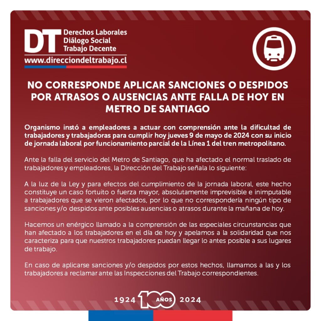 Dirección del Trabajo reacciona a falla del Metro: "no corresponde aplicar sanciones o despidos"
